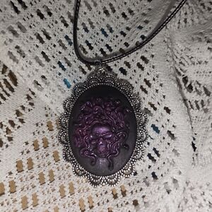 Medusa Skull Cameo In Silver Tone Metal Frame 16-18 Adjustable Cord Necklace